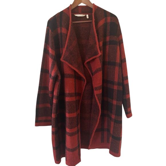 Soft Surroundings Sweaters - Soft Surroundings Open Cardigan XL Red Long Plaid Alpaca Wool Fall Boho Western